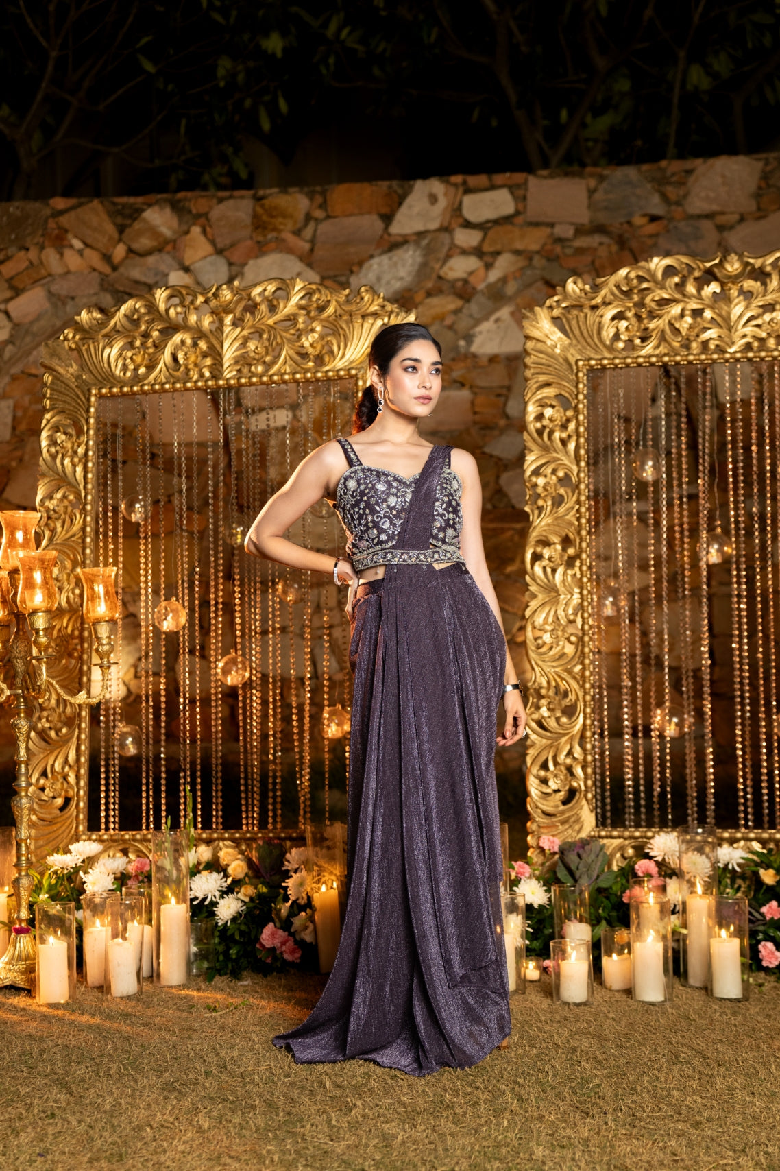 Stone Grey Saree Gown with Hand-Embroidered Metallic Bodice & 3D Pallu -  Seasons India